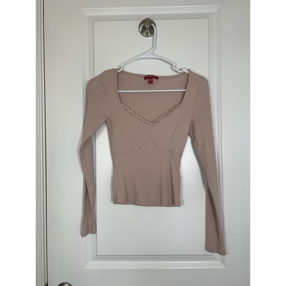 GUESS Women's Long Sleeve Blush Ribbed Shirt Lace Trim Small Y2K 2000s